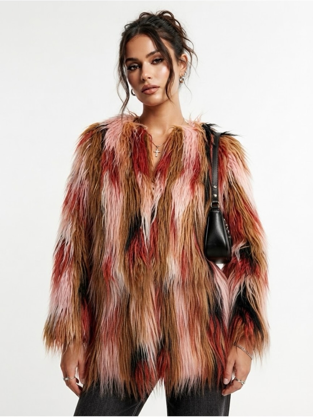 Forever 21 Faux Fur Mosaic Multi-Color Jacket Size S
